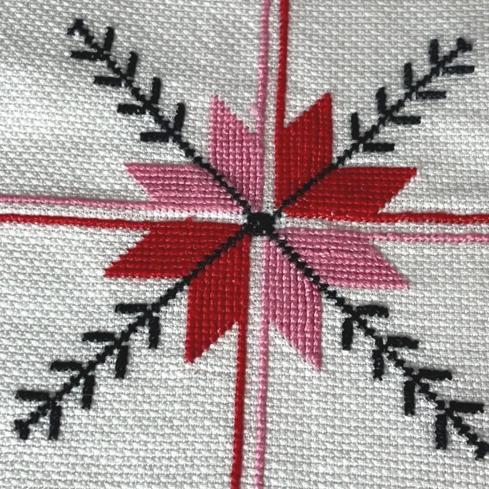 Vtg cross stitch square Table Topper embroidered floral pink red Star fringe